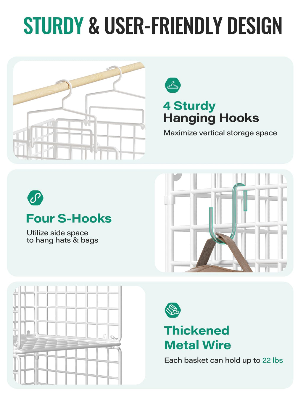 Hanging Closet Organizer, 4 Tier Metal Closet Organizers and Storage with 4 Hanging Hooks 4 S-Hooks for Wardrobe