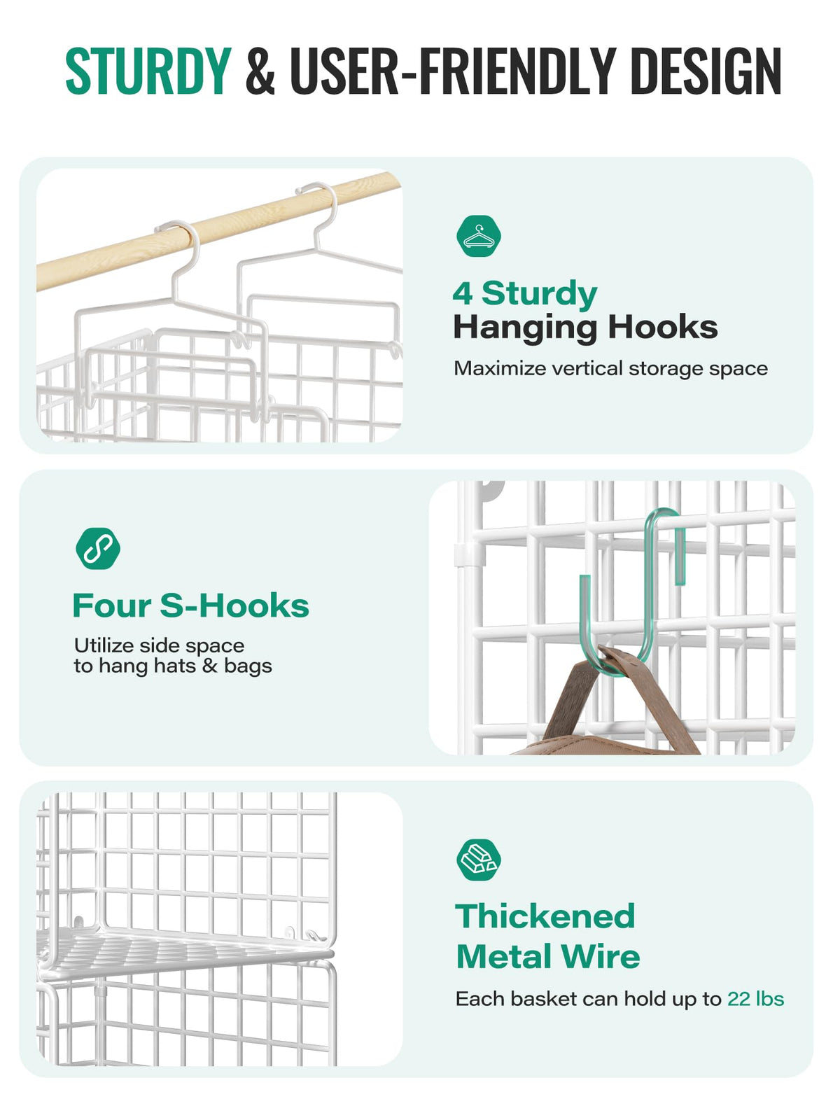 Hanging Closet Organizer, 4 Tier Metal Closet Organizers and Storage with 4 Hanging Hooks 4 S-Hooks for Wardrobe