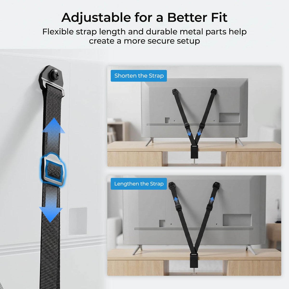TV Safety Straps for TVs with VESA Holes, No-Drill Desk C-Clamp or Wall Anchor, Adjustable TV Anti Tip Straps for