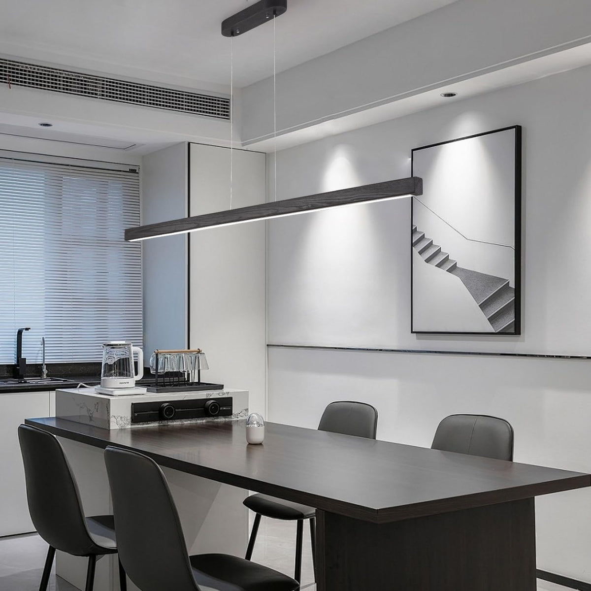 Black Wood Linear Pendant Light - Dimmable LED Chandelier with Remote, Modern Minimalist Lighting Islands, Dining