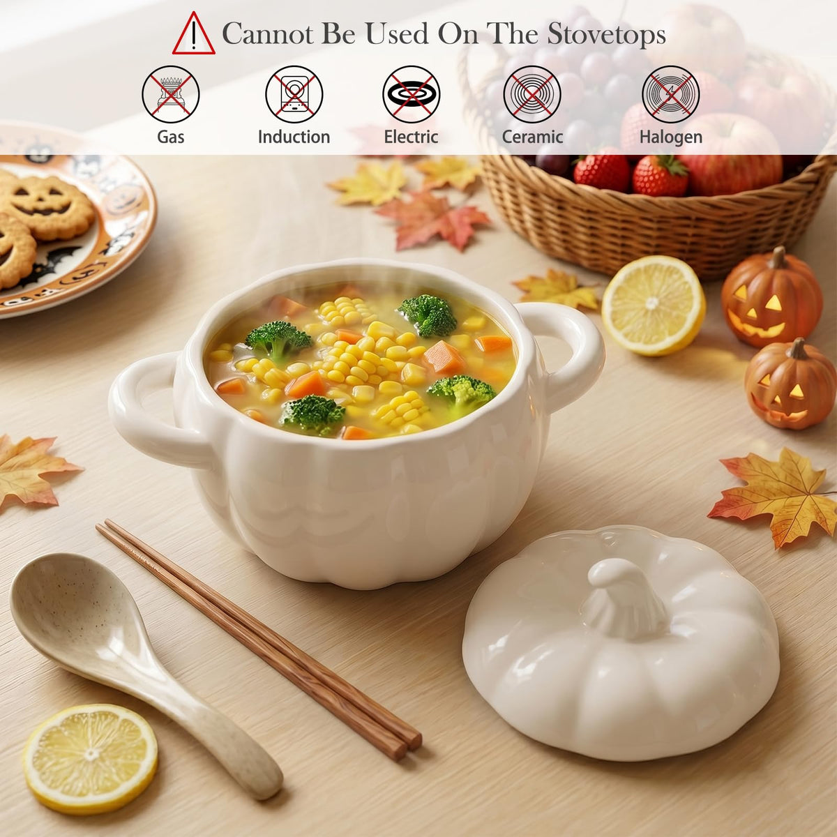 Pumpkin Soup Bowl, 64oz Ceramic Pumpkin Pot with Lid (White)