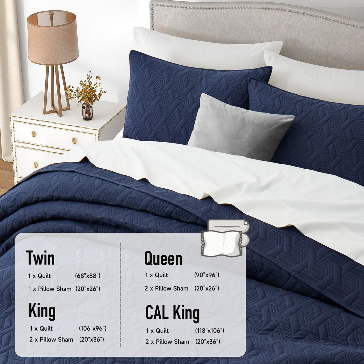 Quilt Bedding Set with Pillow Shams, Navy