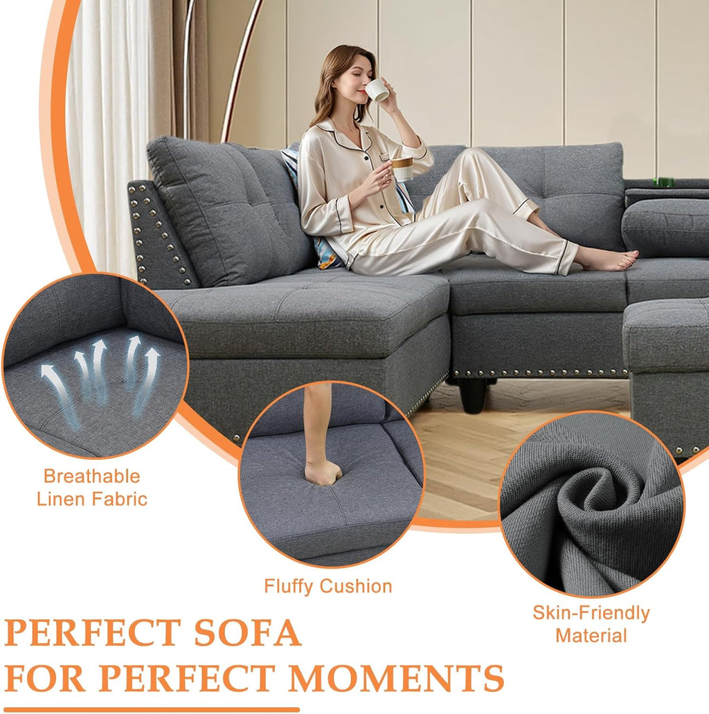 Sectional Sofa Couch, Modern 4-Seaters Living Room Furniture Sets with Chaise Lounge