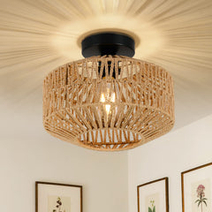 Boho Light Fixtures Ceiling Mount, Mini Rattan Chandelier Light Fixture with Dimmable LED Bulb, Hand Woven Ceiling