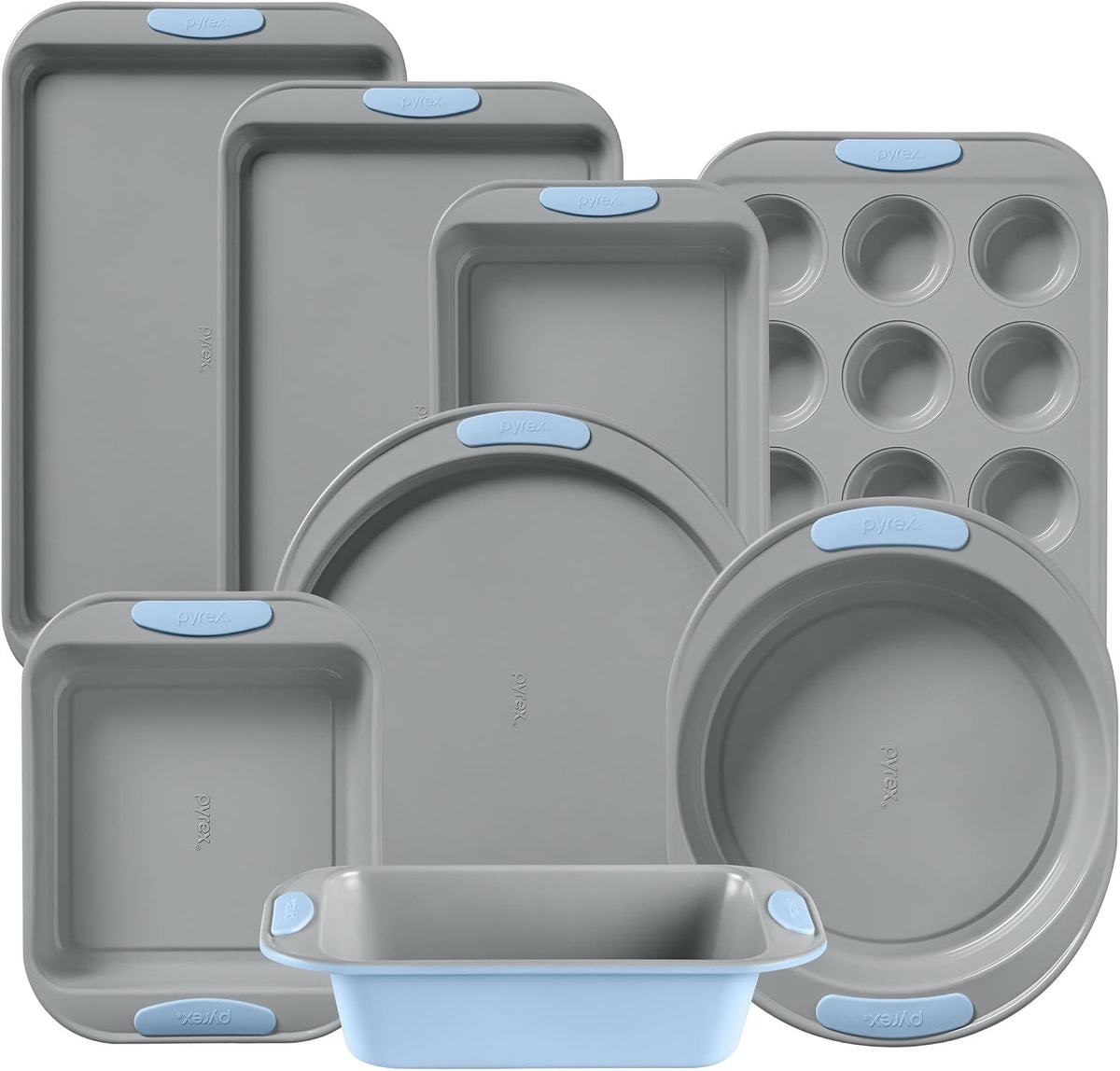 8-Piece Metal Bakeware Set with Heatsafe Silicone Handles, Cerulean | Lightweight stainless steel trays with heatsafe