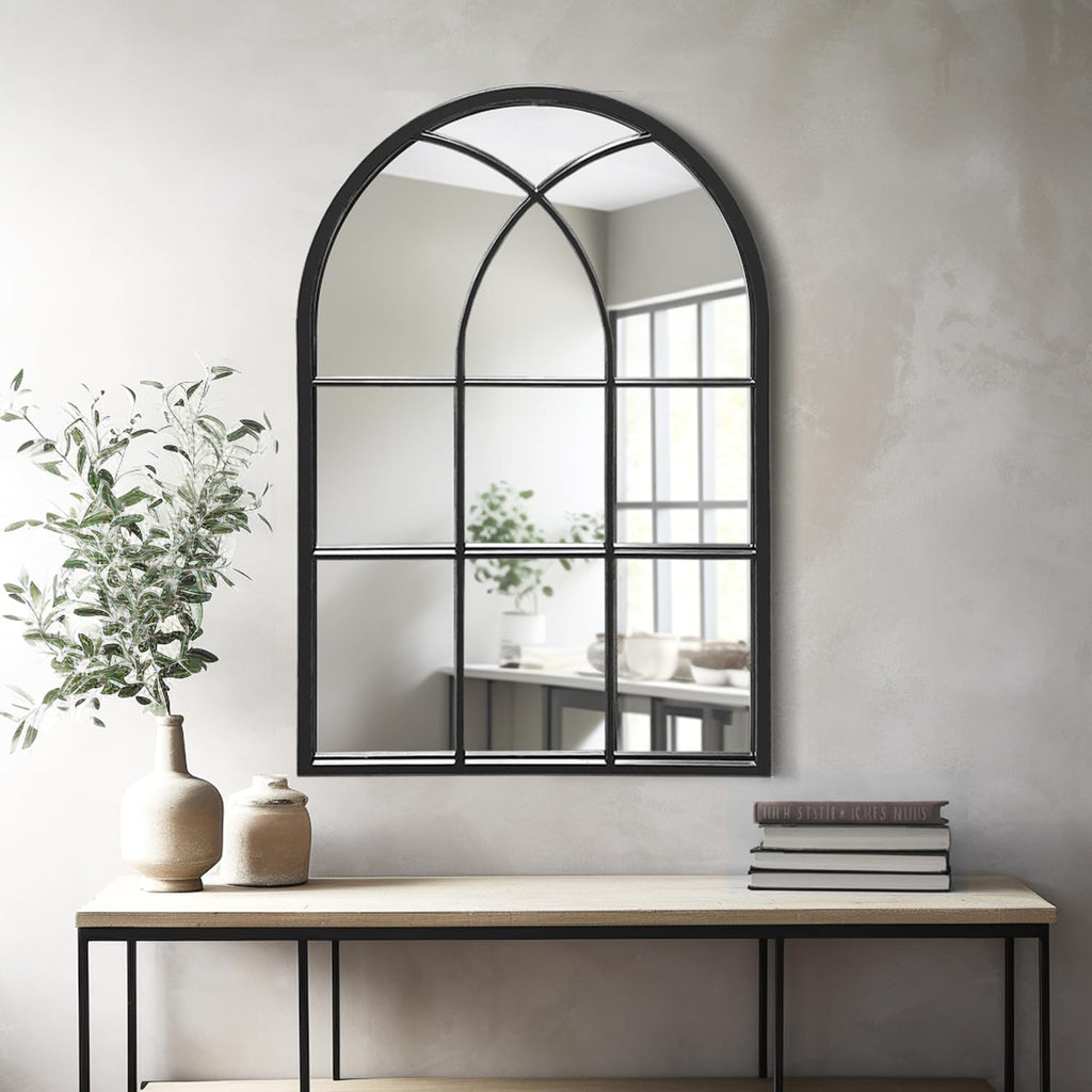 Arched Window Wall Mirror, 30"x20" Windowpane Mirror, Black