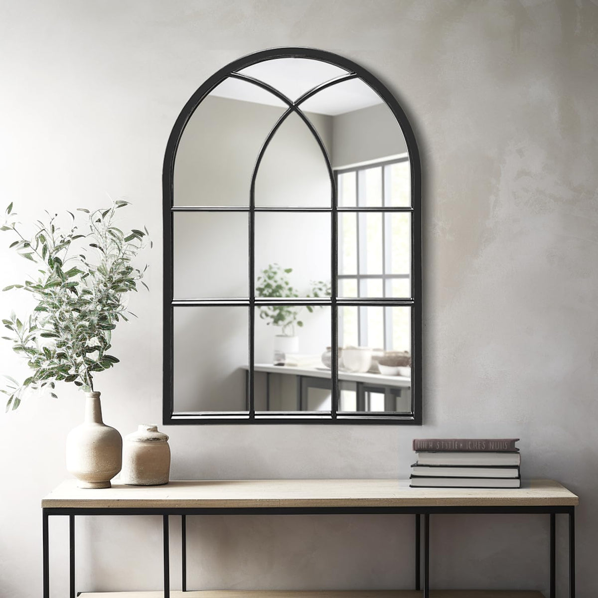 Arched Window Wall Mirror, 30"x20" Windowpane Mirror, Black