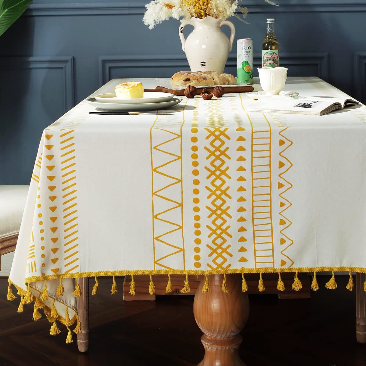 Cotton Linen Rectangle Tablecloth with Boho Tassel