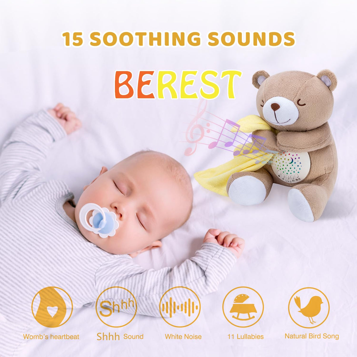Rechargeable Baby Sleep Soother Bear, Nursery Decor Night Light Projector, Mom's Heartbeat Cry Sensor Lullabies White