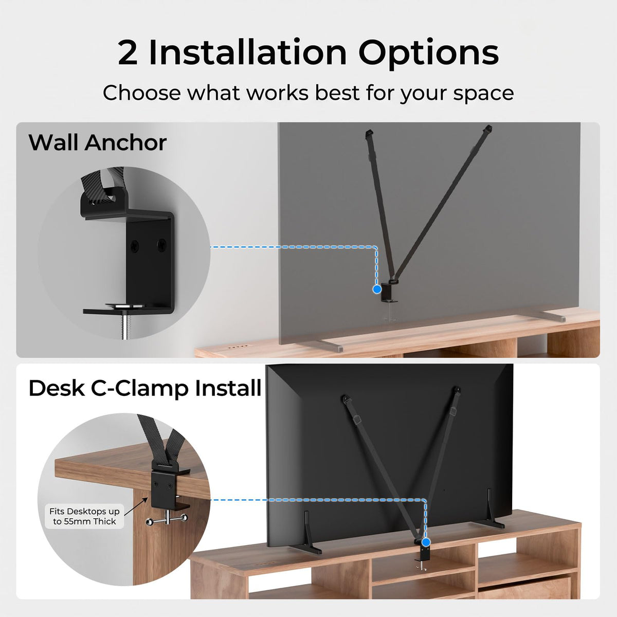 TV Safety Straps for TVs with VESA Holes, No-Drill Desk C-Clamp or Wall Anchor, Adjustable TV Anti Tip Straps for