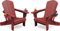 Folding Adirondack Chair Set of 2 with 2 Cup Holders, Red | HDPE Composite | Waterproof | Wood Grain | Hidden Cup &