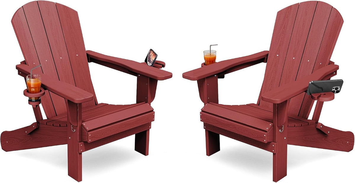 Folding Adirondack Chair Set of 2 with 2 Cup Holders, Red | HDPE Composite | Waterproof | Wood Grain | Hidden Cup &