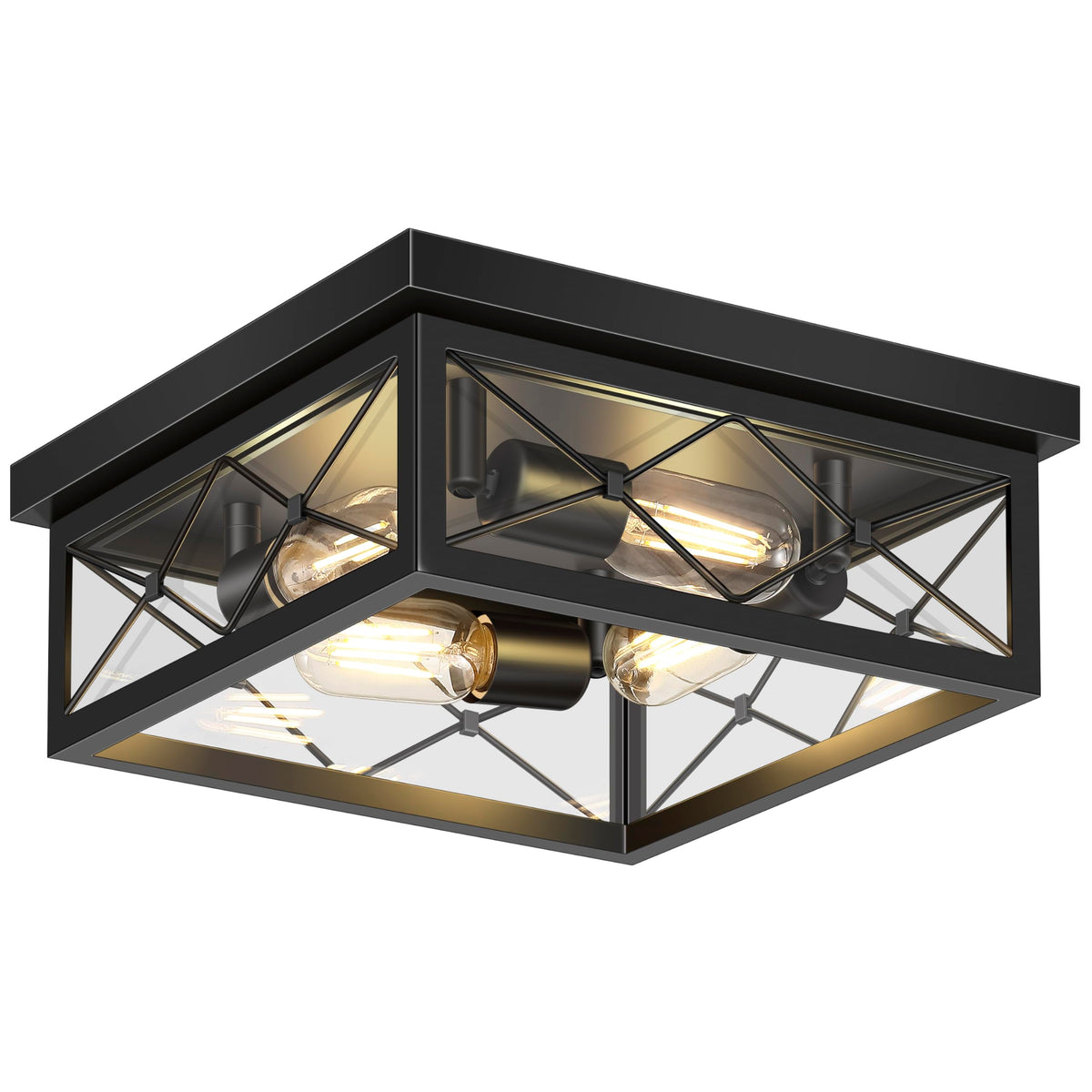 12" Square Flush Mount Ceiling Light with Clear Glass Shade, 4-Light Farmhouse Outdoor Porch Ceiling Light Fixtures