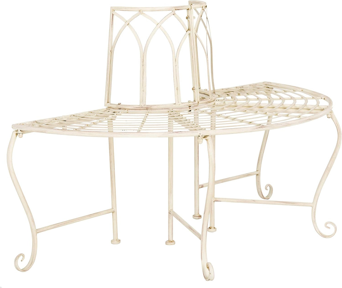 Outdoor - Abia Iron Tree Bench - Distressed White Iron Metal - Vintage Scrollwork Garden Design - Ideal , Deck