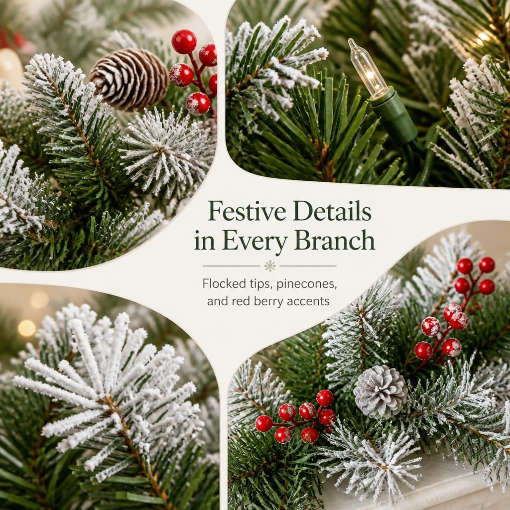 Pre-Lit Artificial Christmas Garland with 50 Lights, Plug in Garland Decorated with Pine Cones and Red Berries