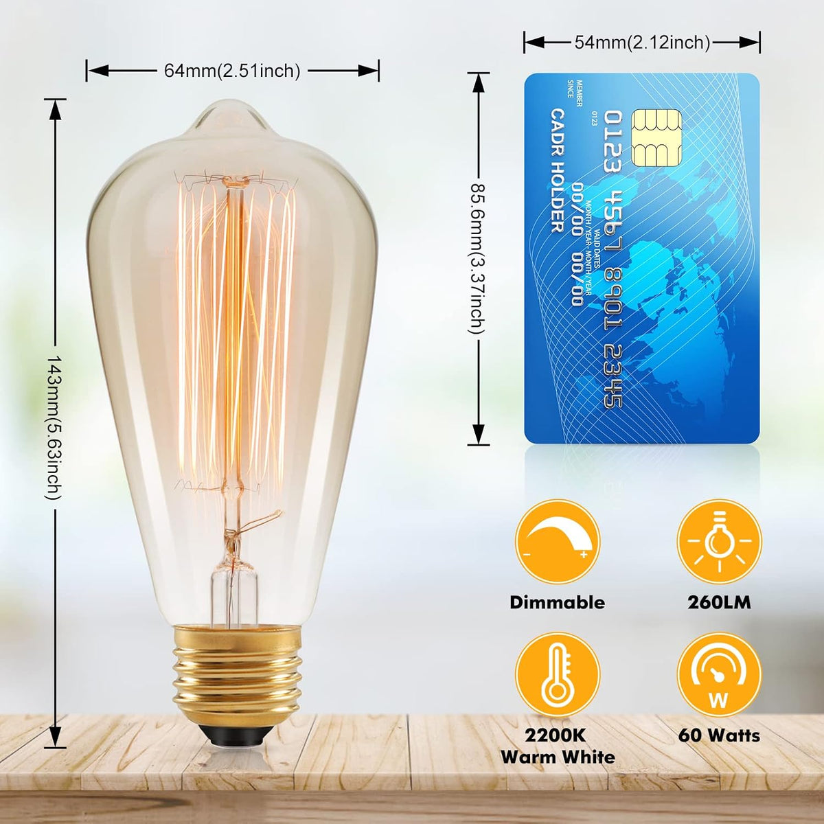60 Watt Incandescent Edison Light Bulbs, Vintage Dimmable E26 Bulbs, ST64 2200K Warm White Antique 260LM E26 Medium