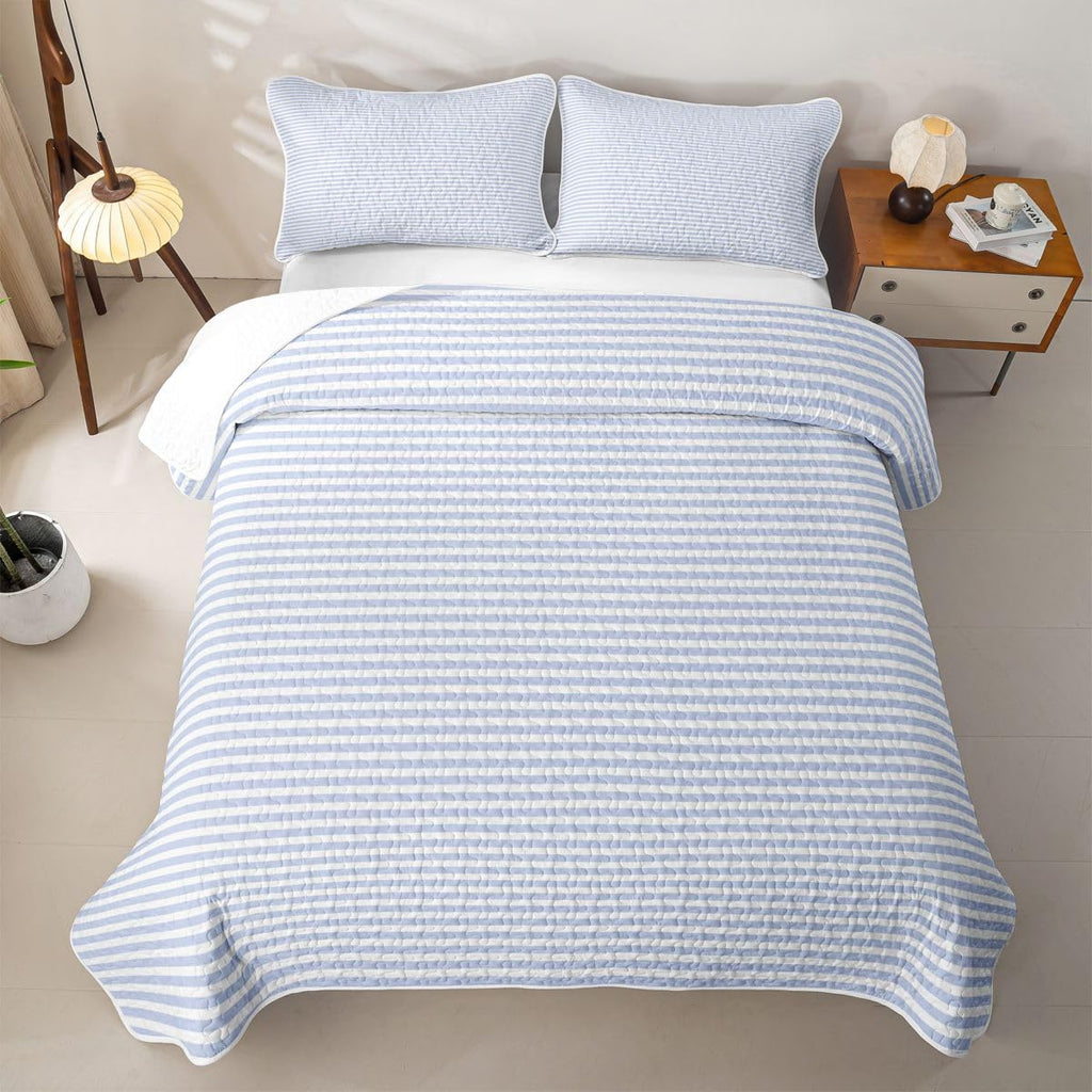 Blue White Stripe Quilt Geometric Striped Quilt Set