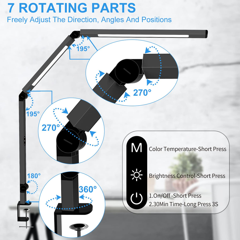 LED Desk Lamp with Clamp, Architect Desk Lamp with Dual Light and Adjustable Swing Arm, Clip-on Eye-Care 4 CCT Modes