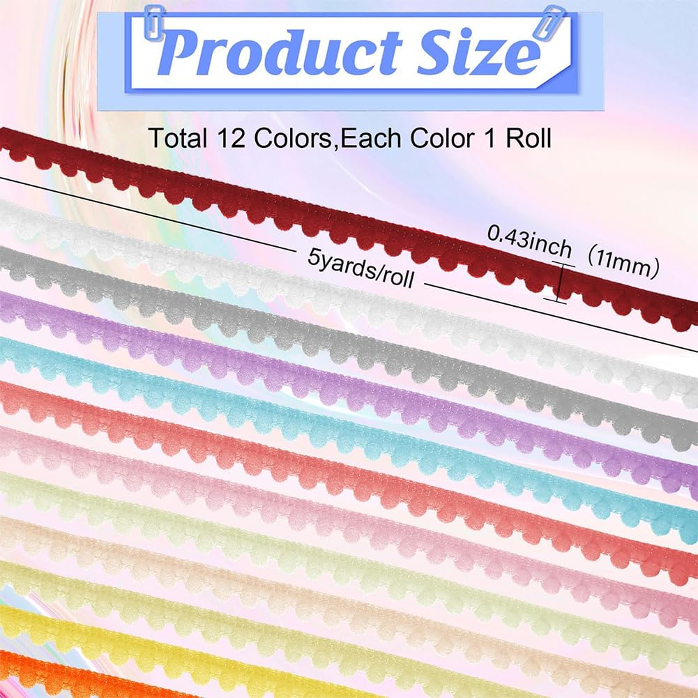 12 Colors Mini Pom Pom Fringe Rickrack Trims for Curtain Carpet Lace Clothes Pillow Decoration Pompom - 60 Yards