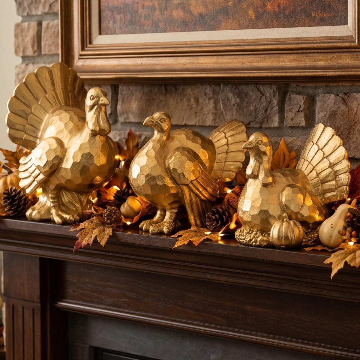 3 Pack Thanksgiving Turkey Decor Gold Resin Turkey Figurine