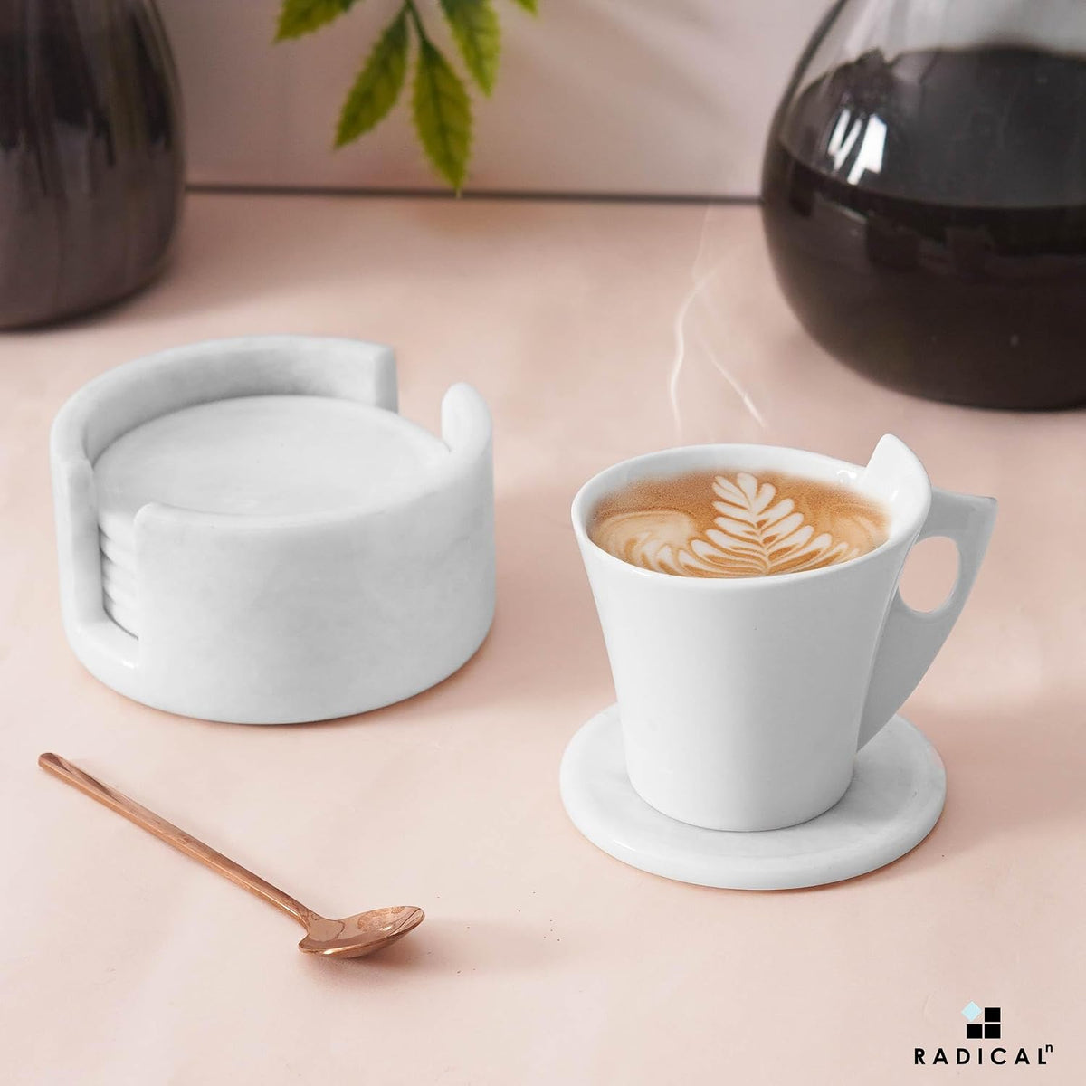 Round Marble Coasters with Holder - White Stone 3.5 Inch - Set of 6
