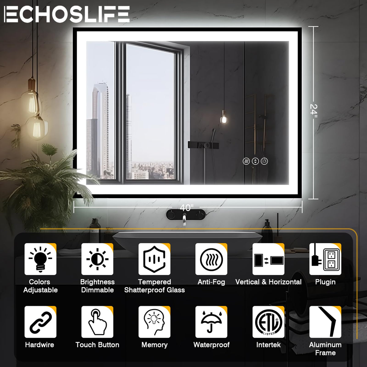 40x24 LED Bathroom Mirror - Black Aluminum Framed