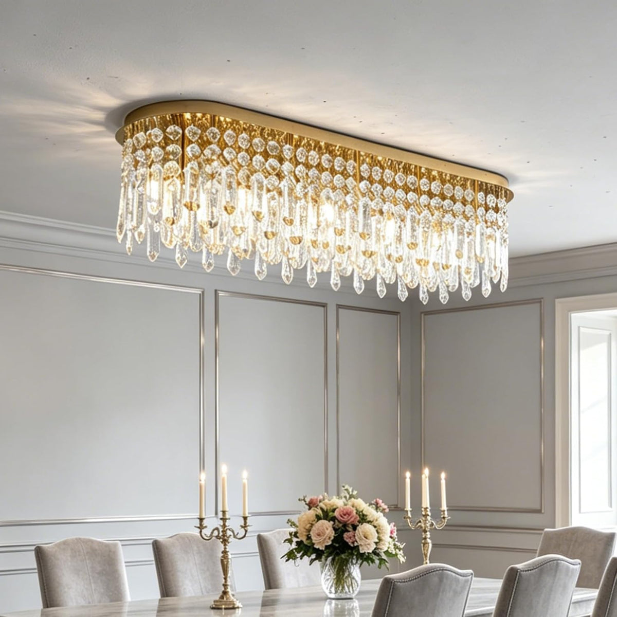 40 Inch Ten-Light Gold Crystal Dining Room Chandelier, Linear