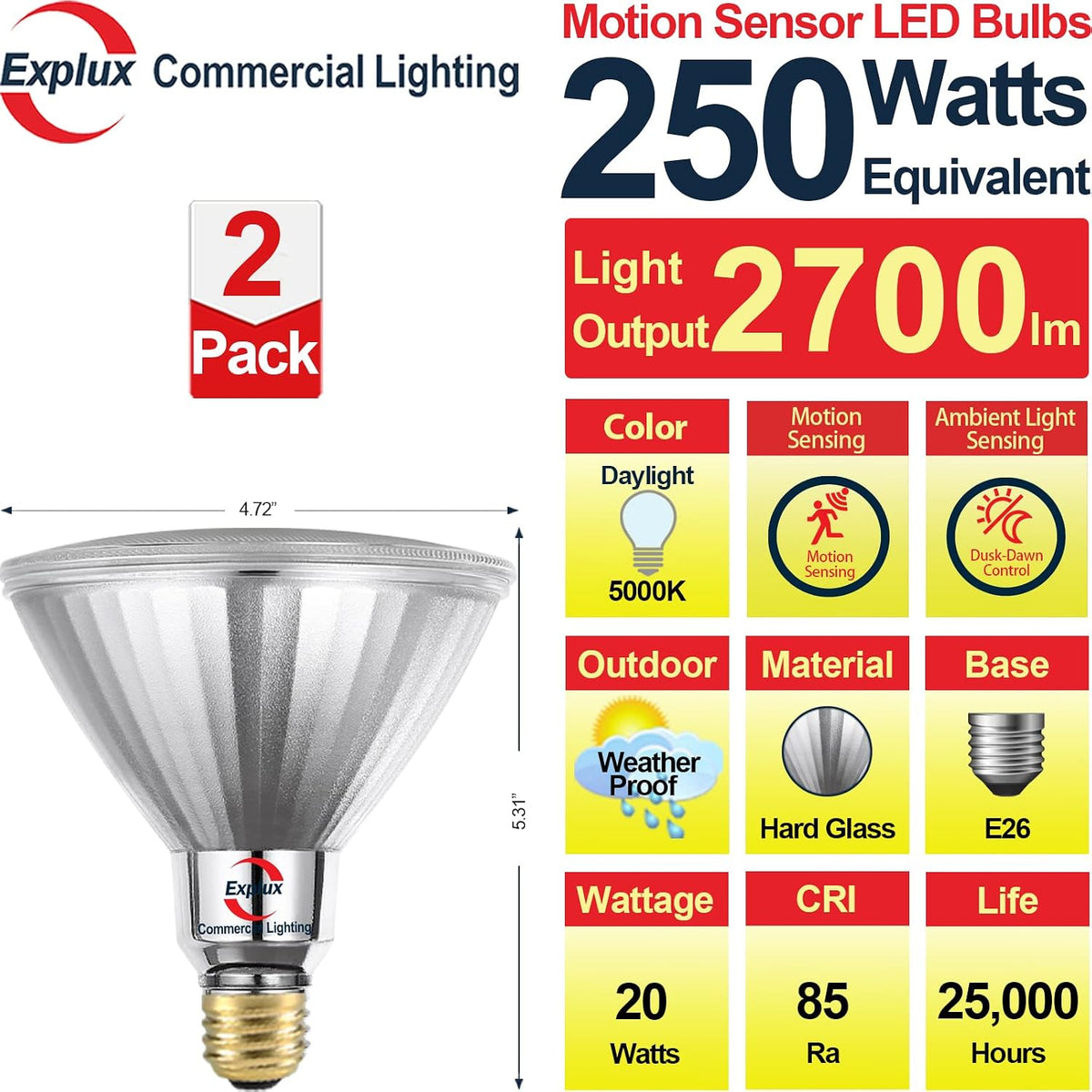 Motion Sensor PAR38 Outdoor Flood Light, 250W Equivalent, 5000K,2-Pk
