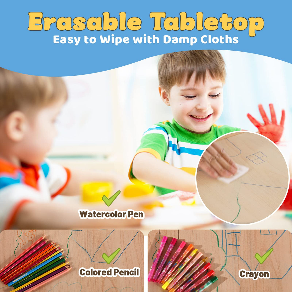 Kids Table and 2 Chairs Set, Height Adjustable Toddler Table and Chair Set for Ages 3-8, Easy to Wipe Arts & Crafts
