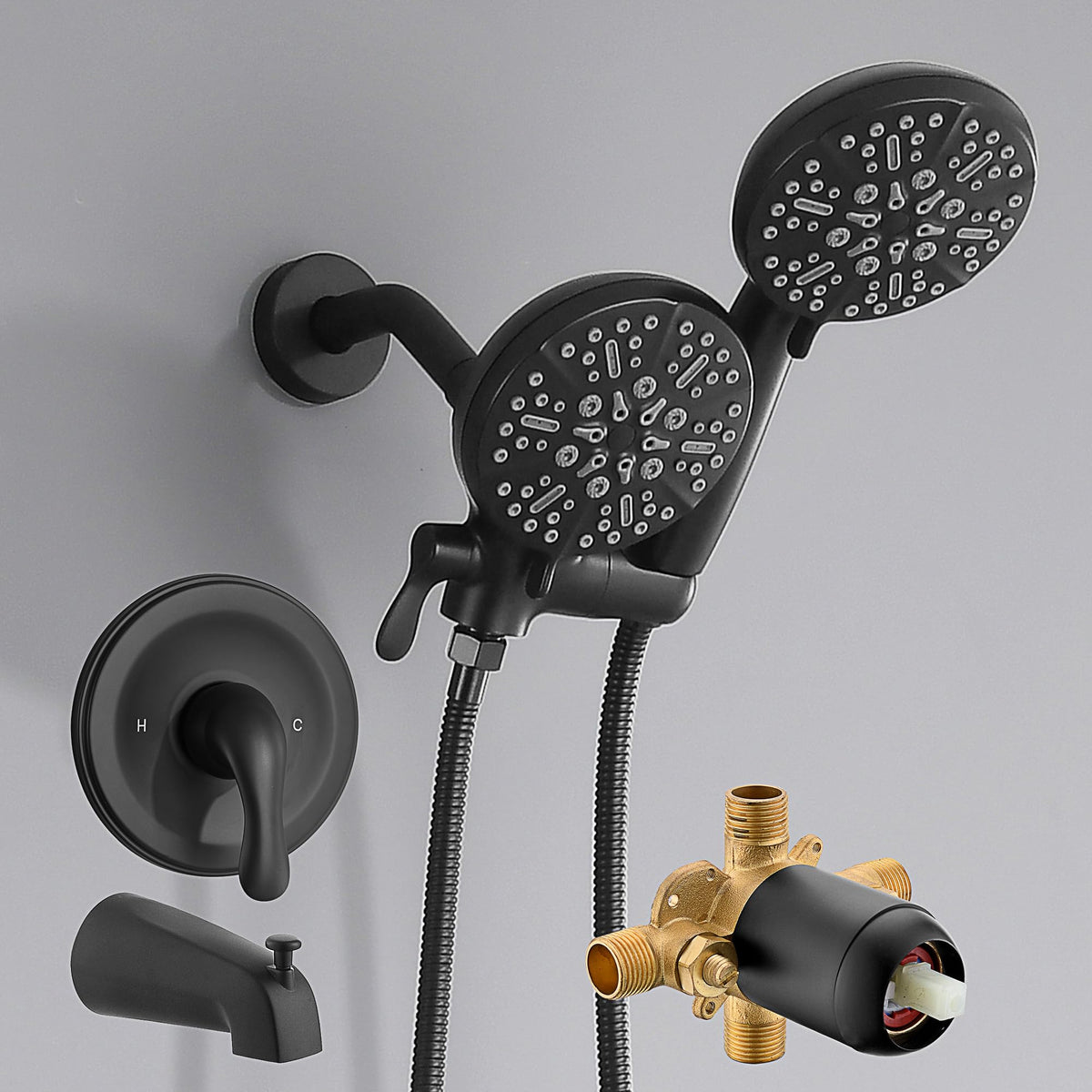 Black Shower Faucet Set with Tub Spout - Tub and Shower Faucet Combo| Dual 2 in 1 Shower System with Handheld