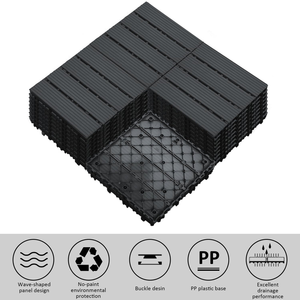 12 PCS Plastic Interlocking Patio Deck Tiles - 12" x 12" Waterproof Indoor Outdoor Flooring, Patio Floor Decking for Balcony, Backyard, Garden & Poolside, All Weather Use, Dark Grey
