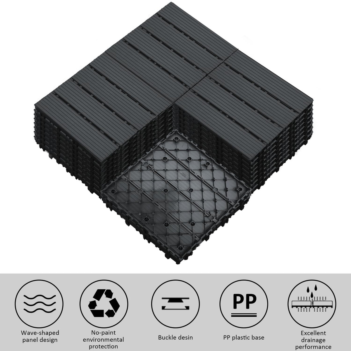 12 PCS Plastic Interlocking Patio Deck Tiles - 12" x 12" Waterproof Indoor Outdoor Flooring, Patio Floor Decking for Balcony, Backyard, Garden & Poolside, All Weather Use, Dark Grey