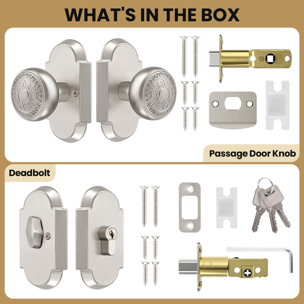 Satin Nickel Door Knobs with Deadbolt, Door Lock Set with Lock and Key