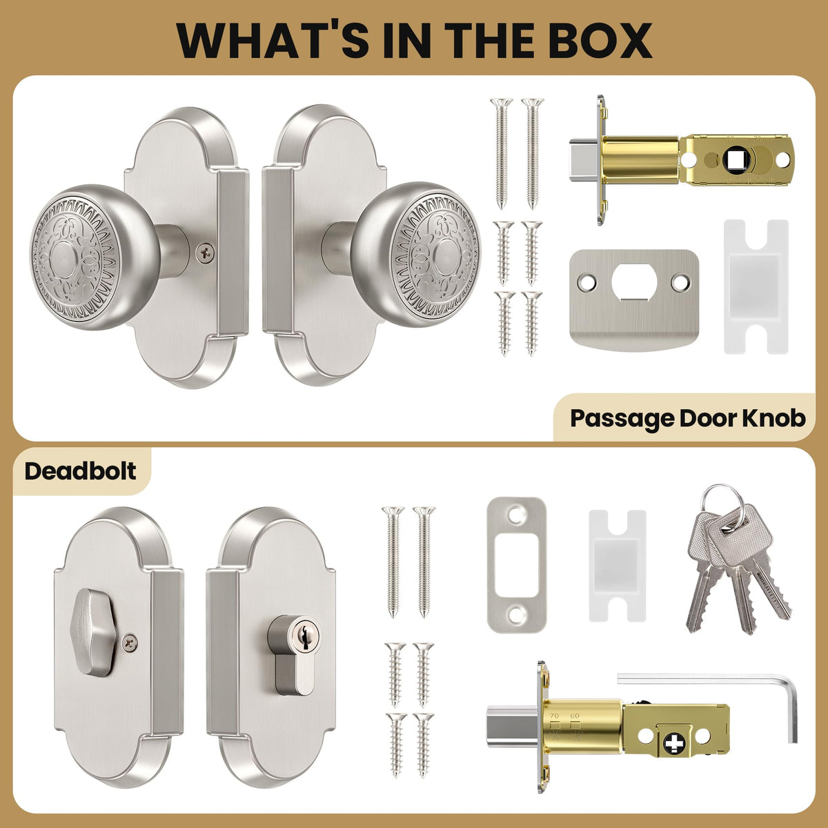 Satin Nickel Door Knobs with Deadbolt, Door Lock Set with Lock and Key