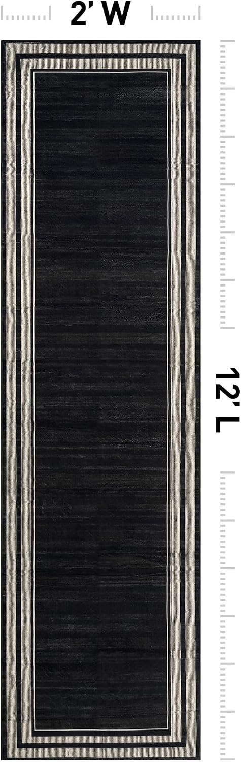 Striped Border Machine Washable Non-Slip Runner Rug, Black