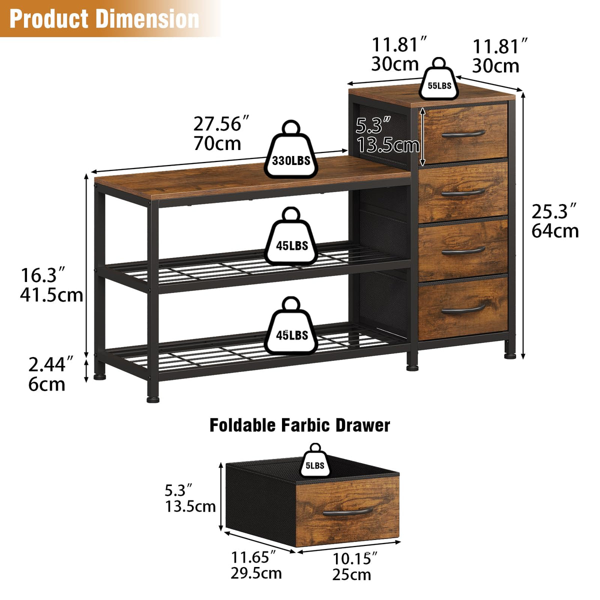 Industrial Shoe Storage Bench with 4 Drawers & Seat, Rustic Brown