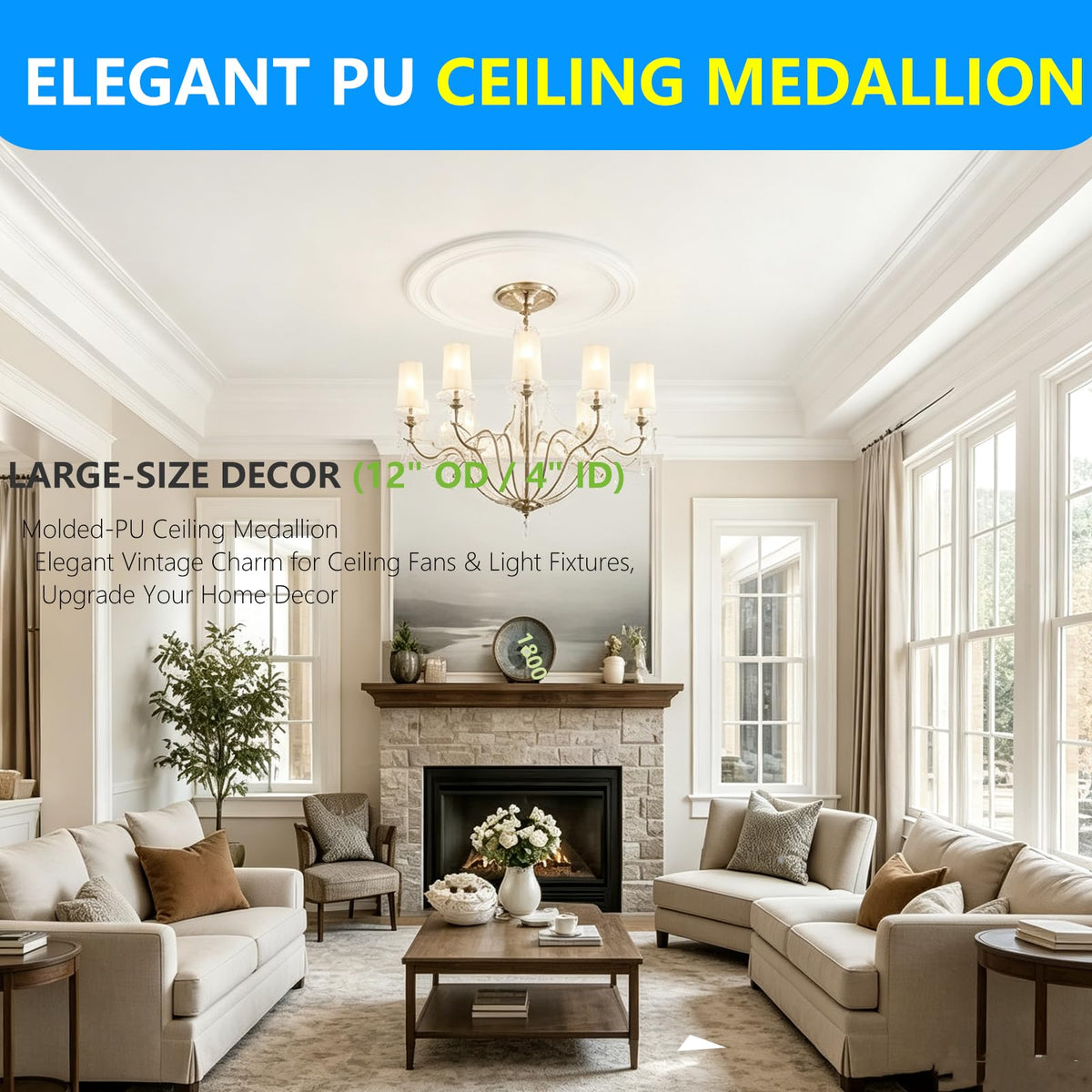 12 Inch Split Ceiling Medallion for Light Fixtures & Ceiling Fans - Decorative PU Round Base Cover Plate for Ceiling