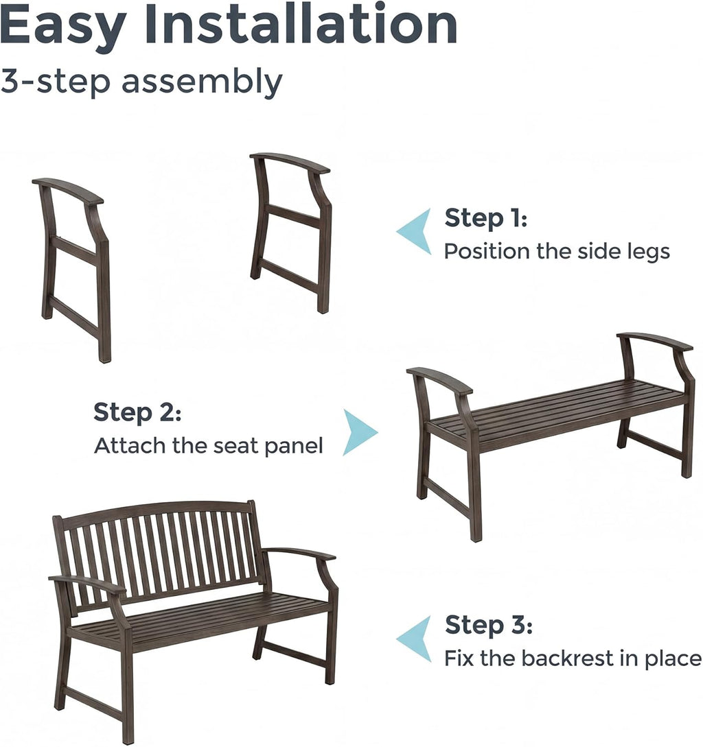 52" Farmhouse Outdoor Bench, Garden Benches with Anti-Rust Aluminum Powder Coated Frame, Faux Wood Grain Finish Frame