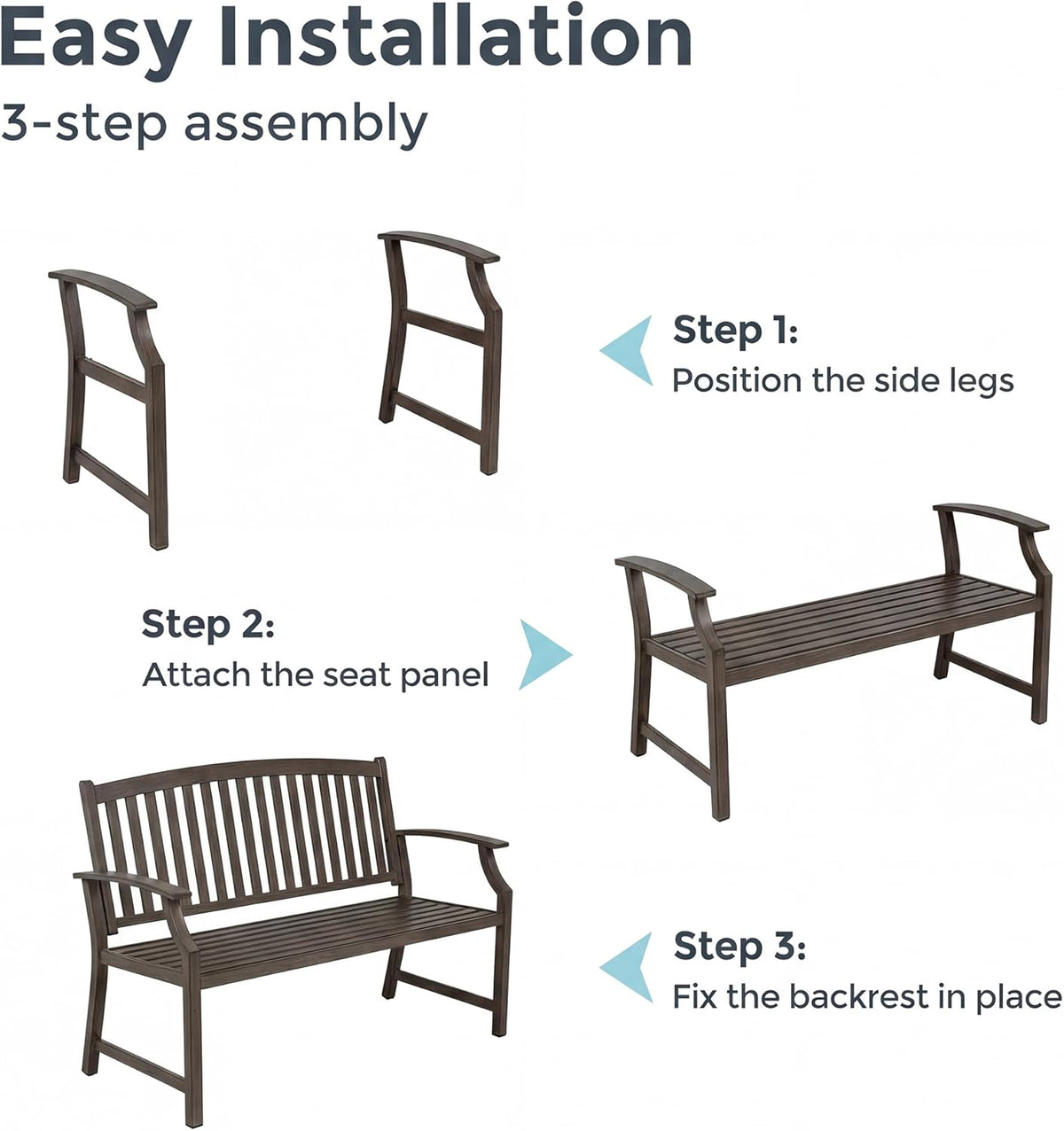 52" Farmhouse Outdoor Bench, Garden Benches with Anti-Rust Aluminum Powder Coated Frame, Faux Wood Grain Finish Frame