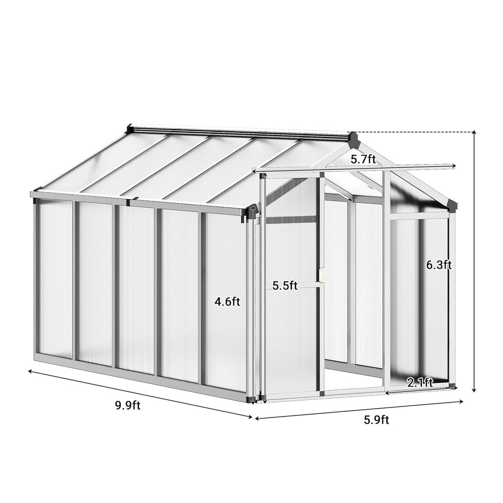 6x10 FT Greenhouse, Easy Assembly Aluminum Polycarbonate Greenhouses for Outdoors with Roof Vent, Large Aluminum