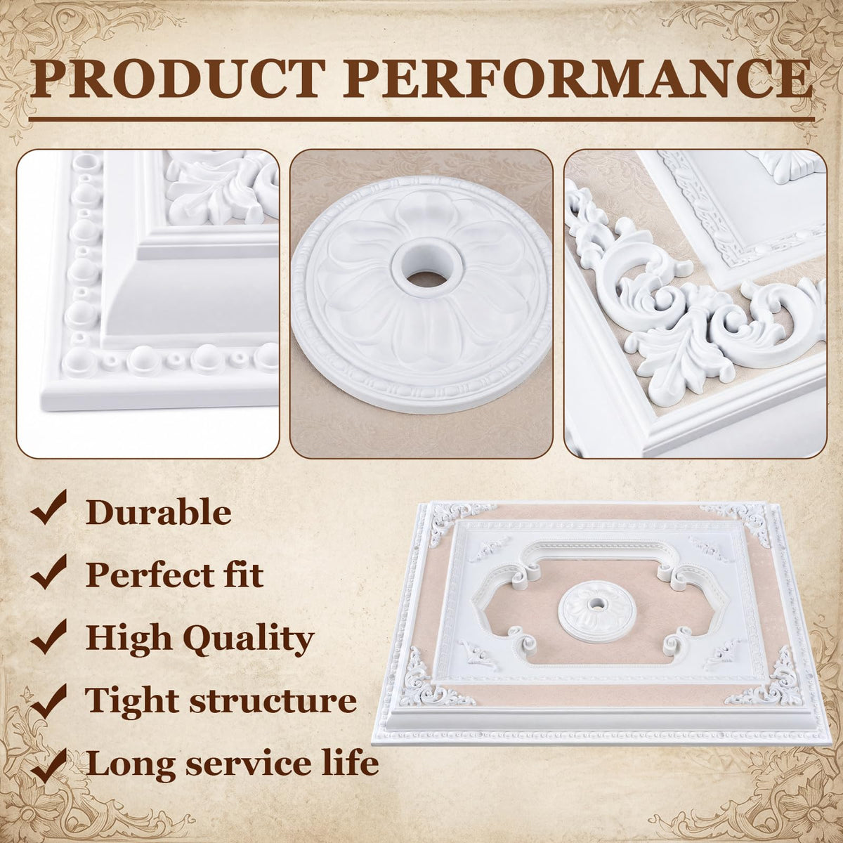 35.5 x 27.5 Inch White Ceiling Medallion, Square Rococo Palace
