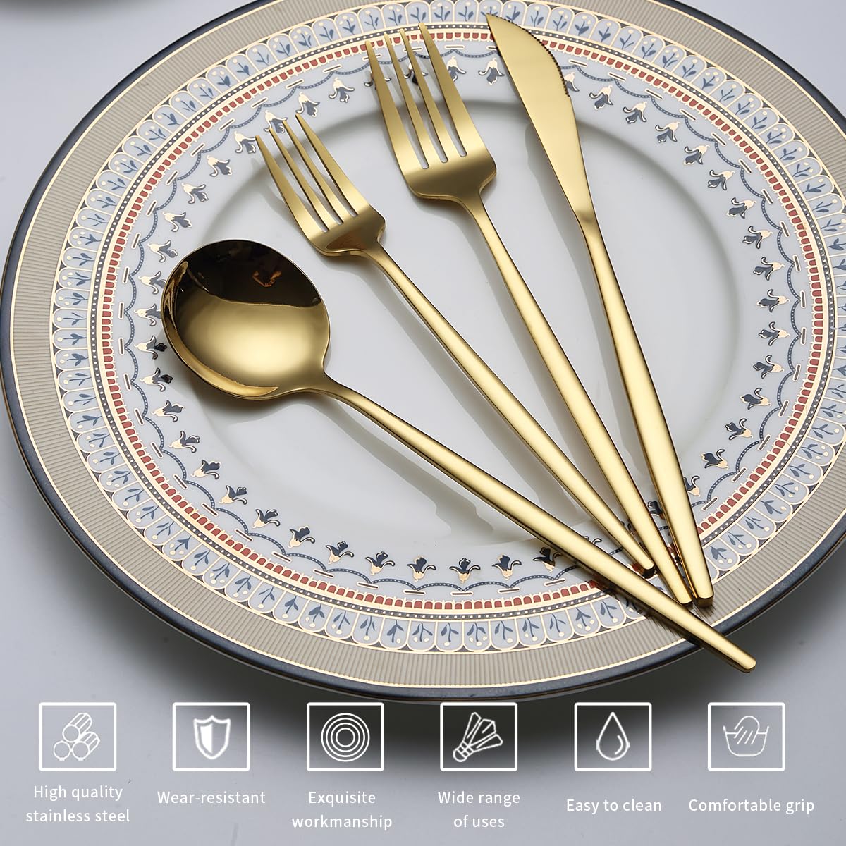 Gold Silverware Set 64 Piece Service for 16, Titanium Gold Plated Stainless Steel Flatware Set, Knives Forks Spoons