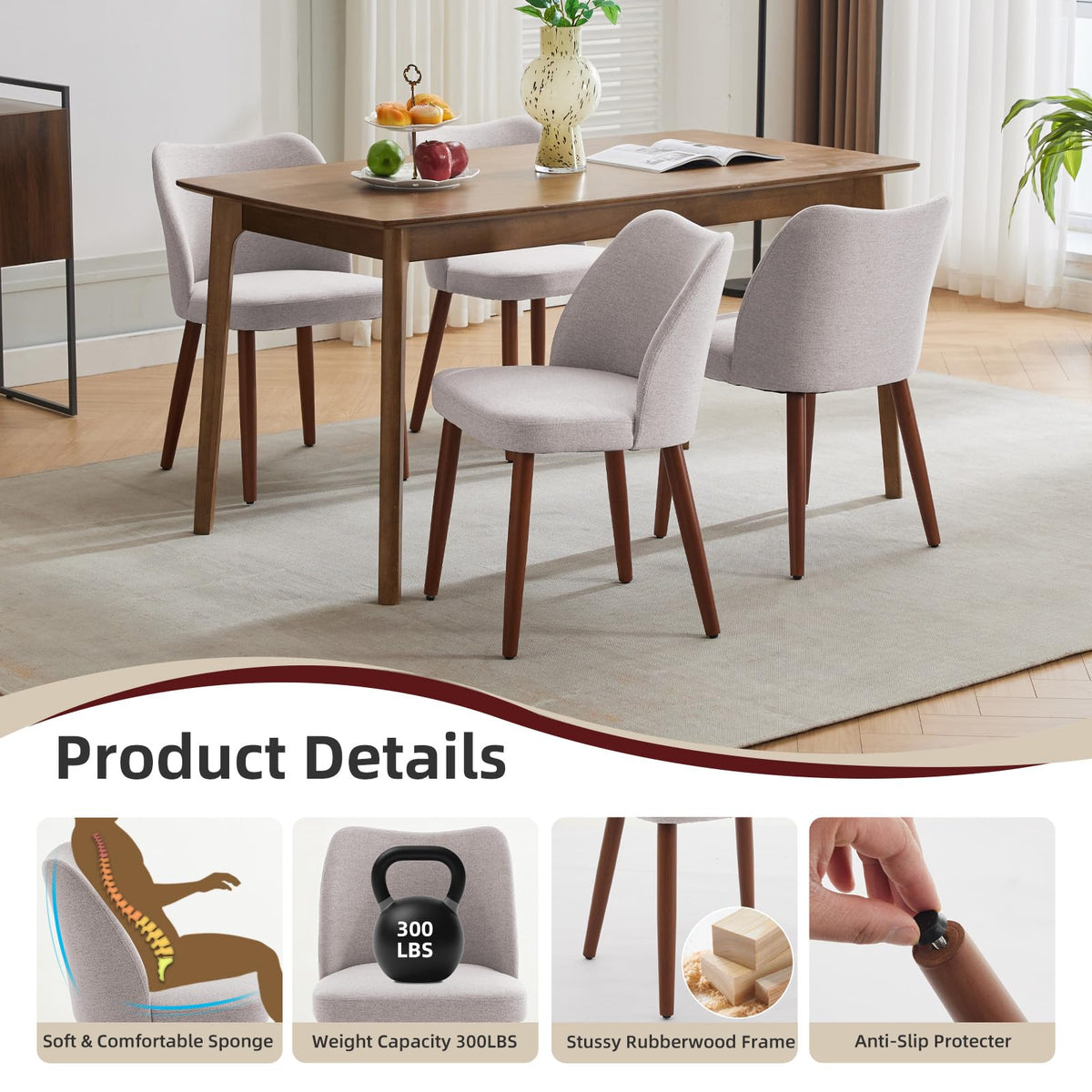 Linen Dining Chairs Set of 4 Upholstered Fabric Dining Chair with Wood Legs, Wing Backrest, Wooden Kitchen Chairs