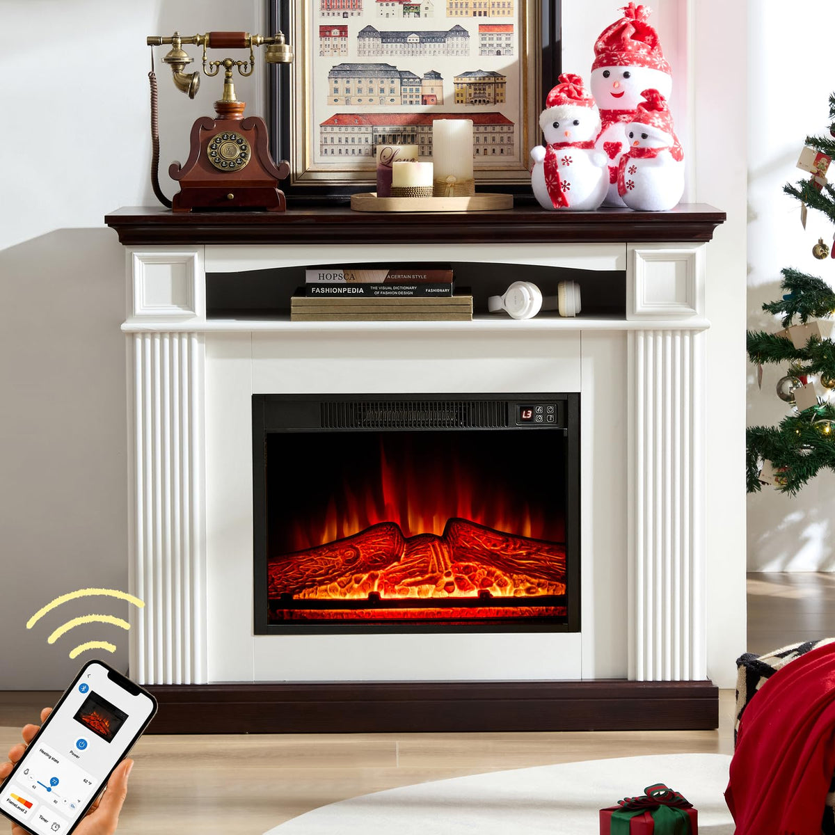 44" Electric Fireplace with Mantel, Tall Fireplace TV Stand with Storage