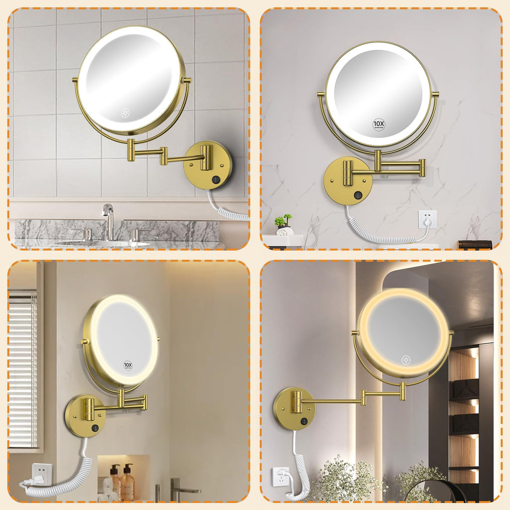 9" Wall Mounted Lighted 1X/10X Magnifying Mirror, Gold