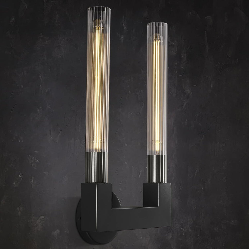 Modern Black Wall Sconces,19 Inch Double Bathroom Wall Sconce with Clear Glass Tube,Indoor 2-Light Vanity Mirror Wall Lights, for Bathroom,Living Room, Bedroom, Hallway, Entryway,Fireplace, Staircase