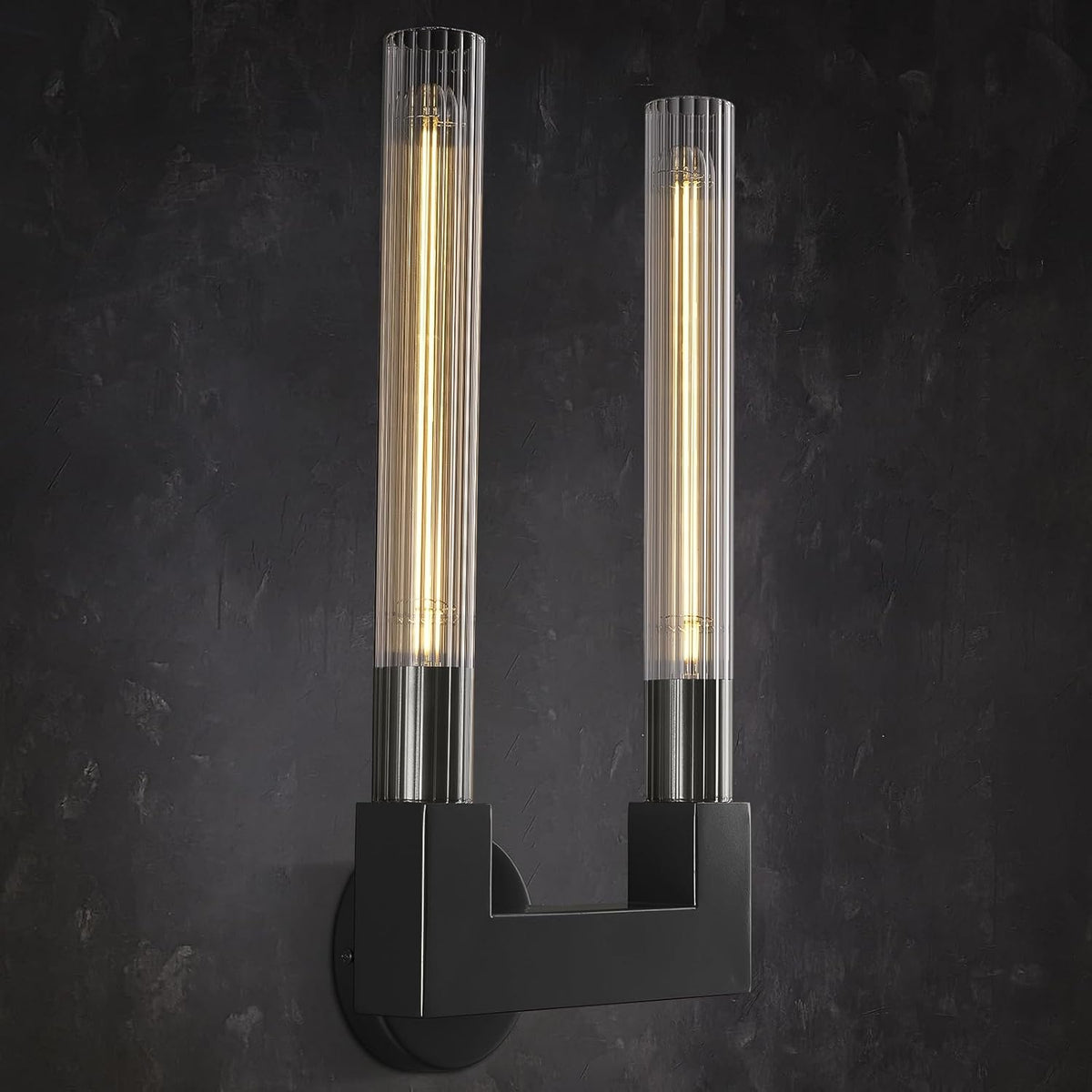 Inspired Cannele Style Modern Black Wall Sconces,19 Inch Double Bathroom Wall Sconce with Clear Glass Tube,Indoor 2-Light Vanity Mirror Wall Lights, for Bathroom,Living Room, Bedroom, Hallway, Entryway,Fireplace, Staircase