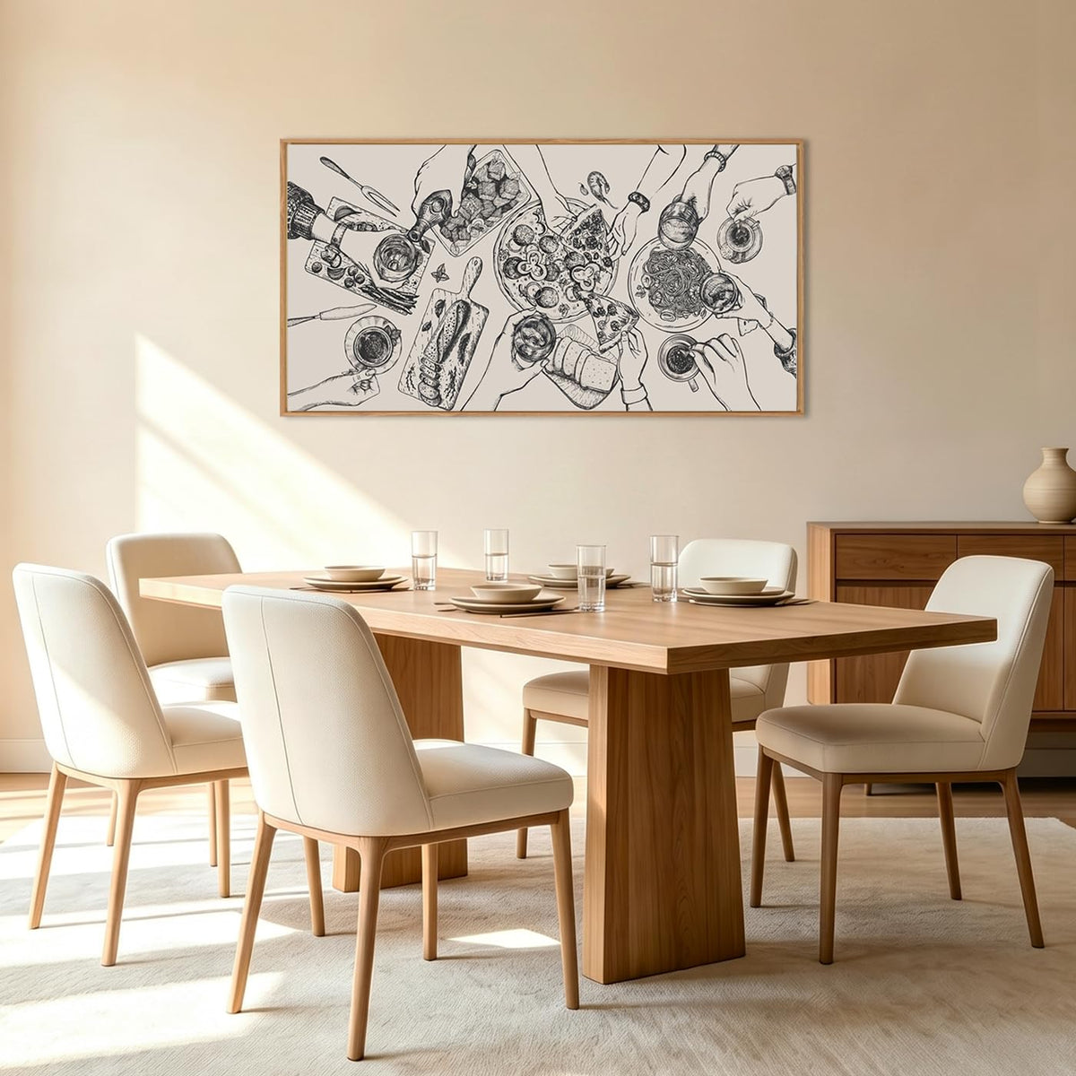 Large Framed Wall Art Funny Kitchen Art Food and Drink Canvas Wall Decor Pizza Cheers Sketch Painting Black and White