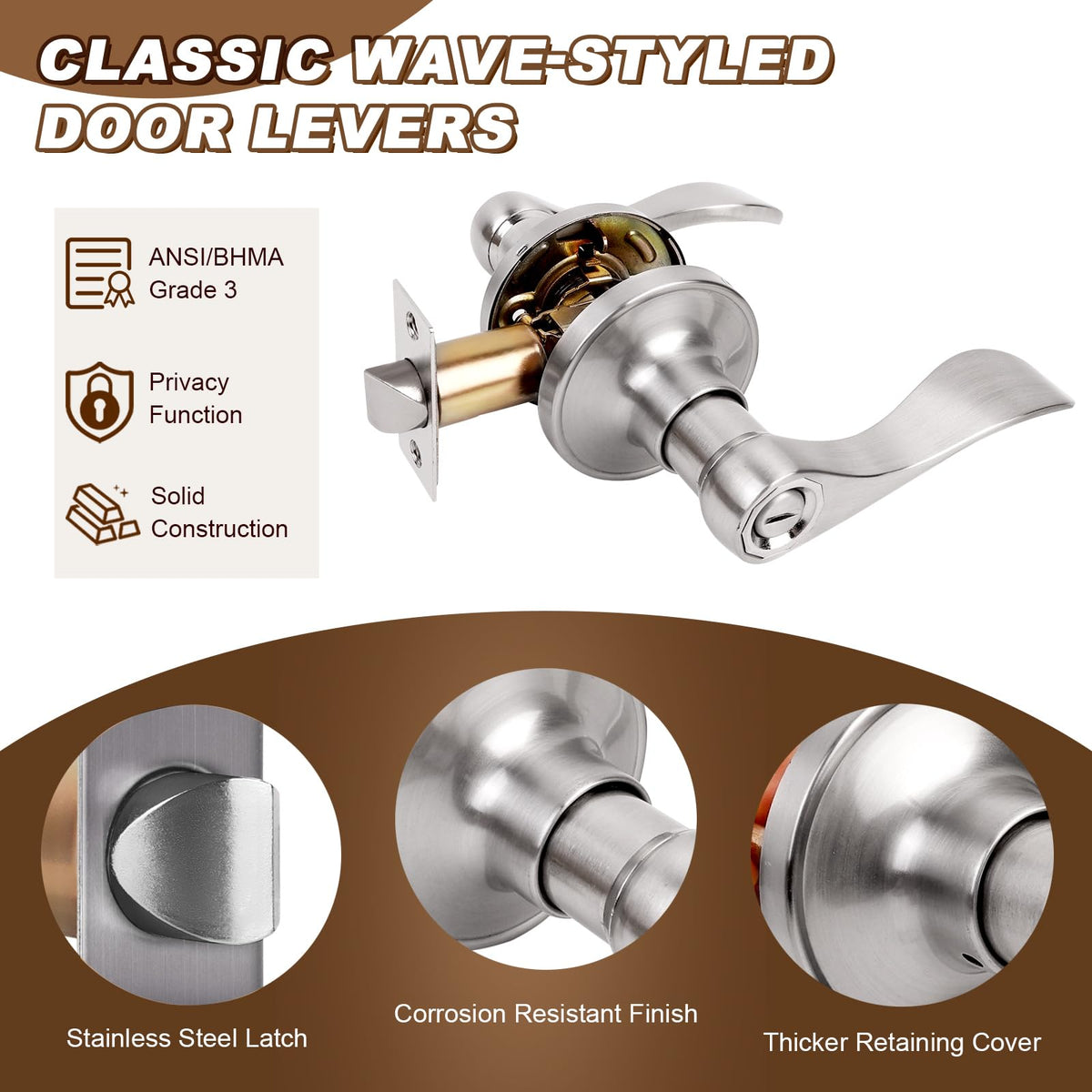 Privacy Door Handle Lock, Stain Brass Interior Door Handles with Screwdriver, Privacy Function Door Levers Bathroom