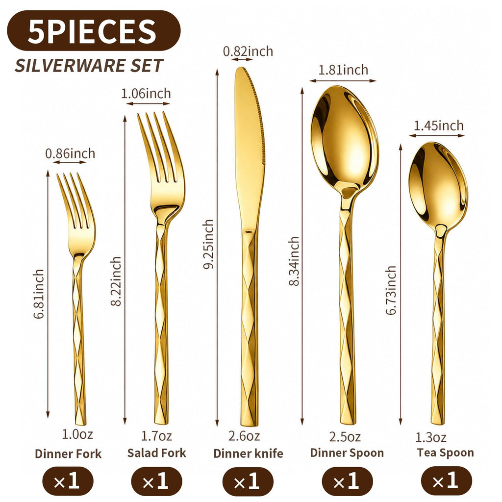Gold Silverware Set, 5 Piece Flatware Set Dinner Eating Utensils Set
